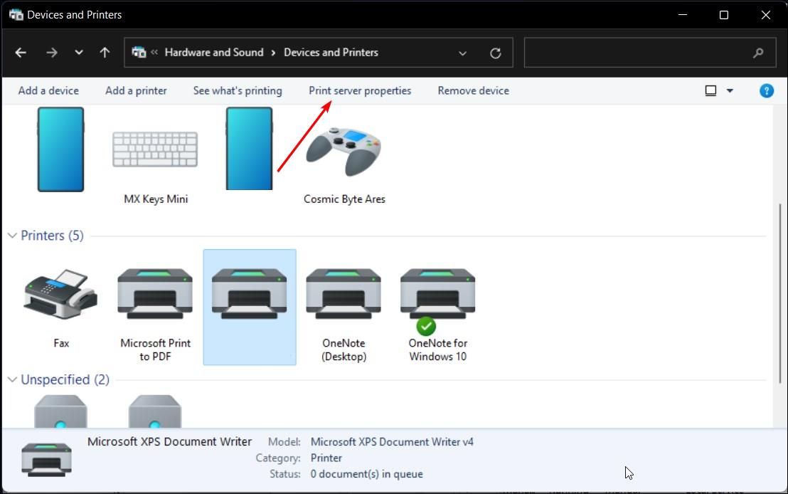 Opción Propiedades del servidor de impresión en el Panel de control de Windows 11