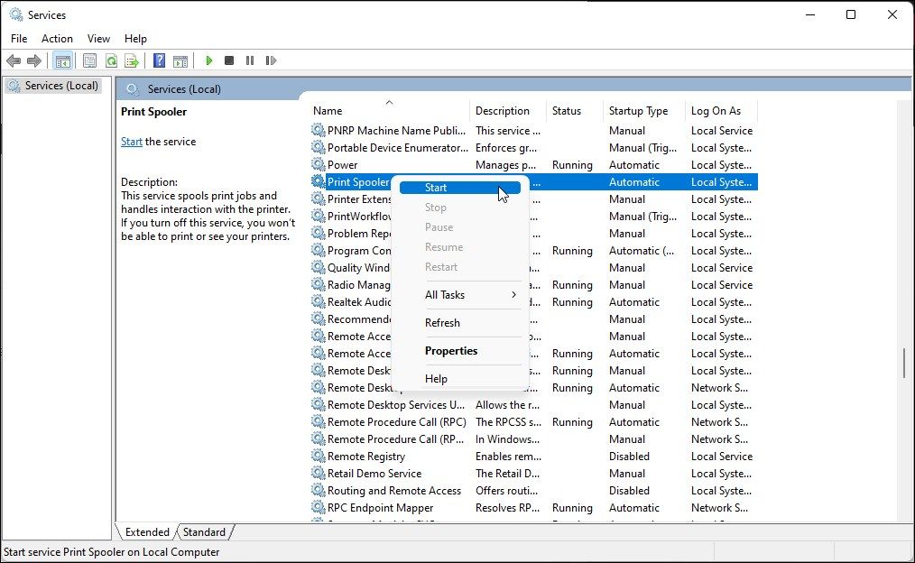 Опция за стартиране на услугата Print Spooler в Services MMC на Windows 11
