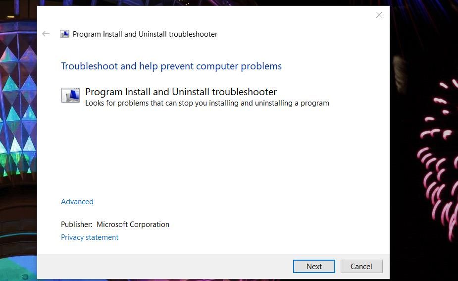 The Program Install and Uninstall troubleshooter