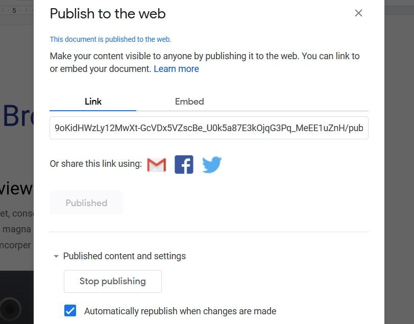 Publish to Web Window and Options on Google Docs