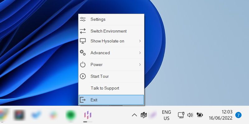 menu to exit hysolate in windows 11 system tray