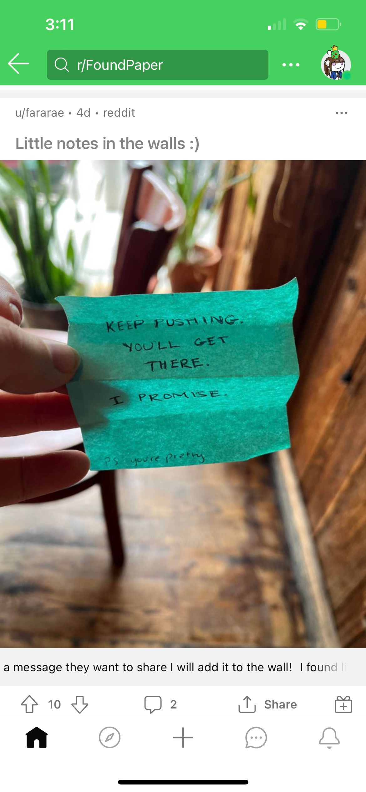 green paper with handwritten note in a found paper subreddit post