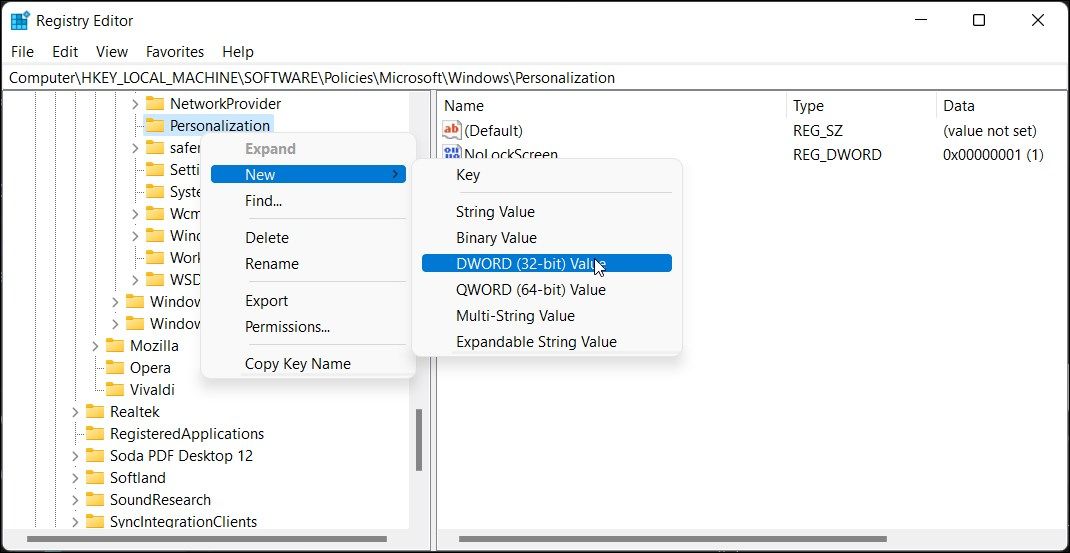 registry editor new key personalization NoLockScreen value Windows 11