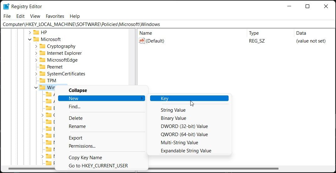 registry editor new key personalization Windows 11