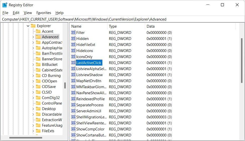 запись реестра lastactiveclick в редакторе реестра Windows