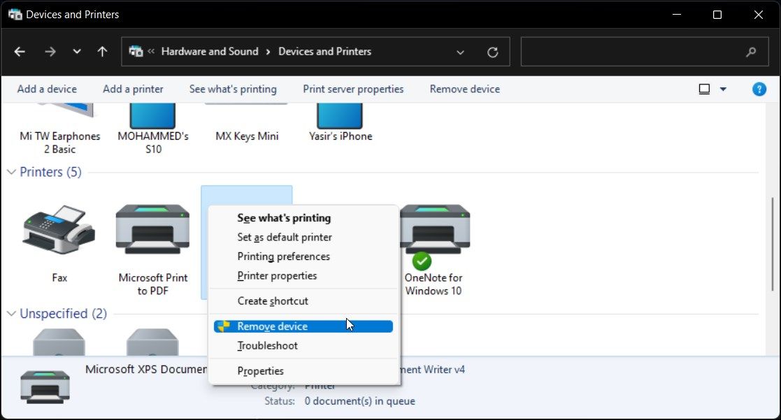 Премахнете опцията за принтер в контролния панел на Windows 11