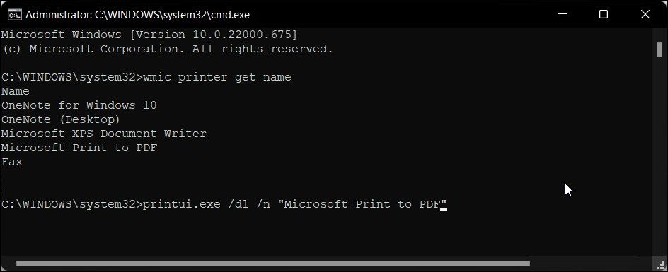 Командная строка с командой Remove Printer в Windows 11