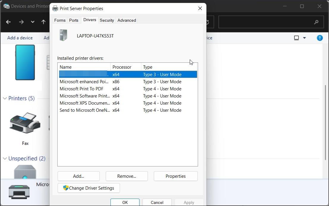 Dialogfeld „Druckservereigenschaften“ in Windows 11