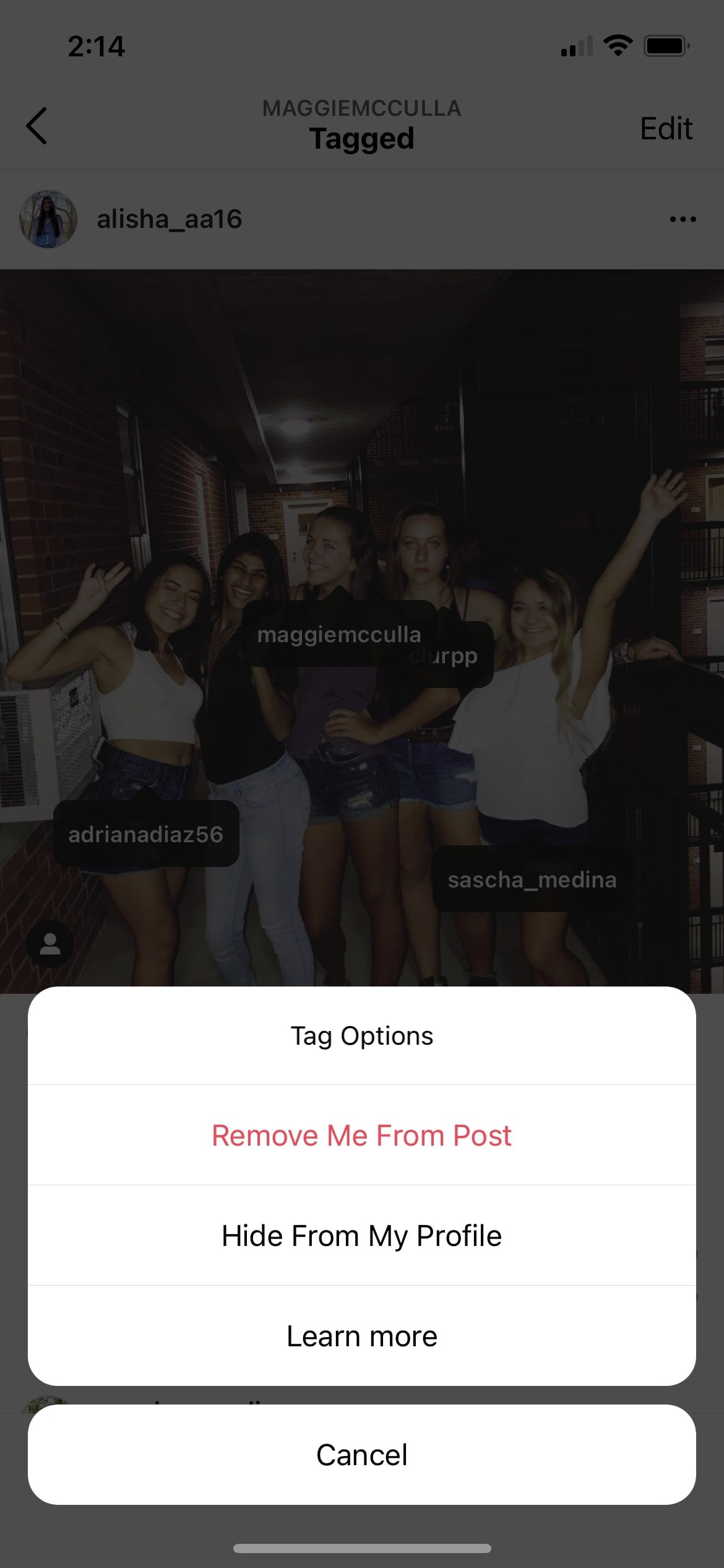 Screenshot of tagged post options