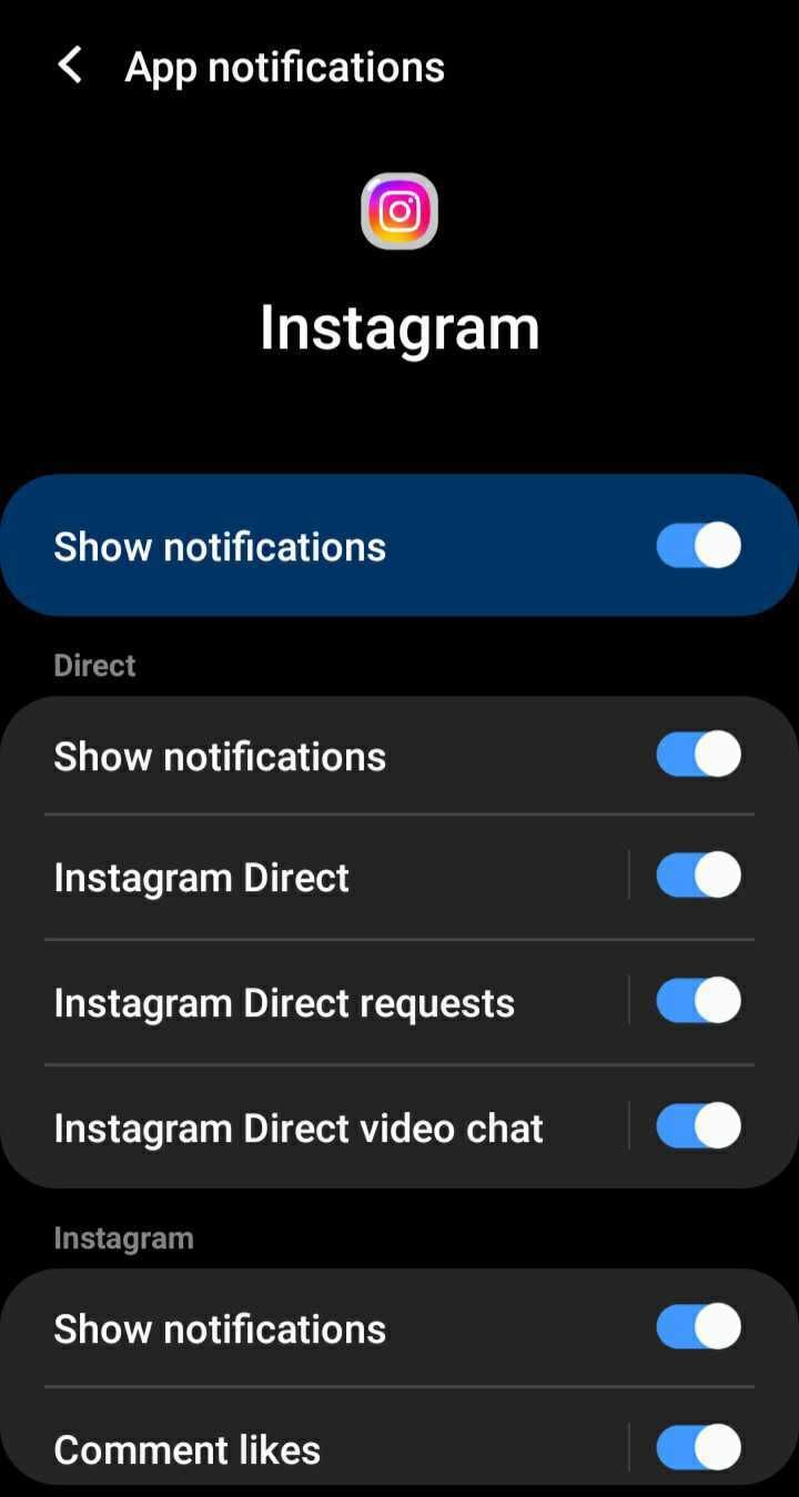 screenshot of instagram notification settings on Android 