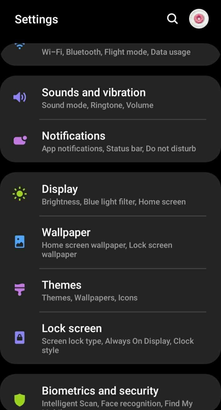 screenshot of main android settings screen