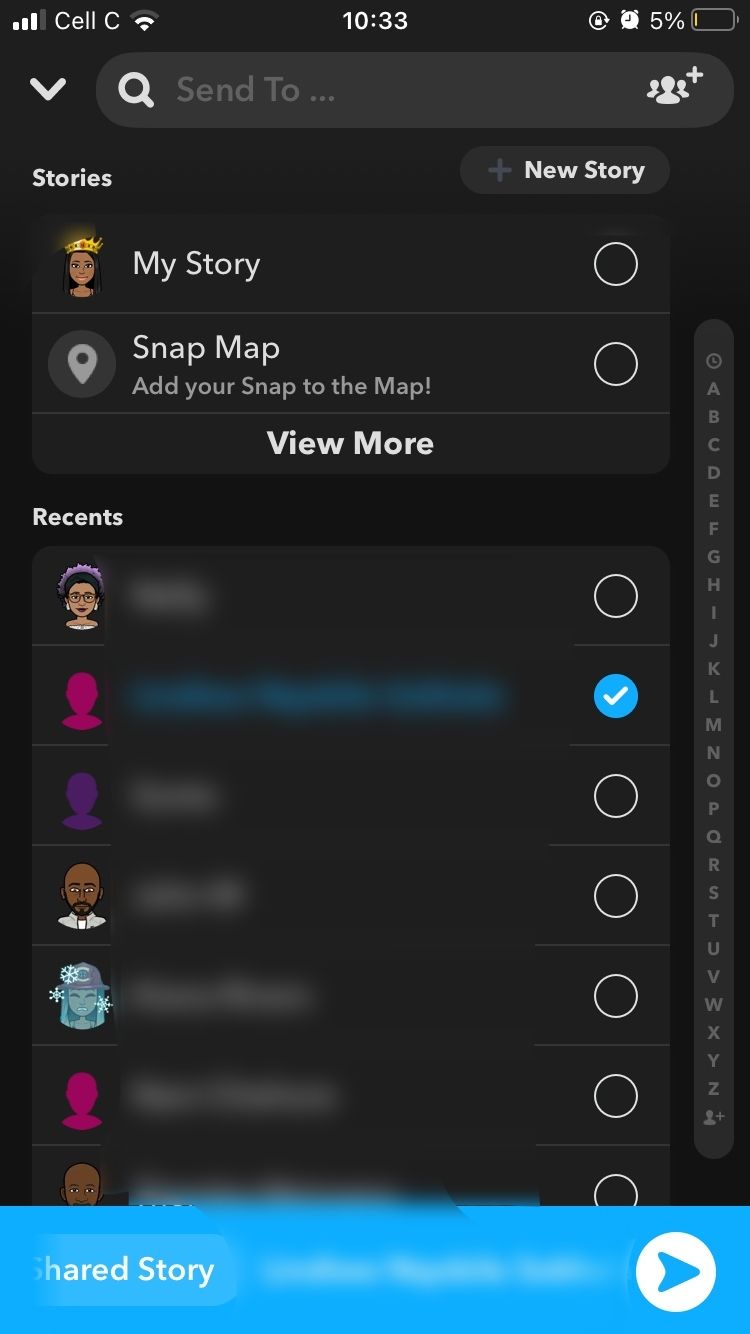 screenshot of friends list showing selected contact on snapchat