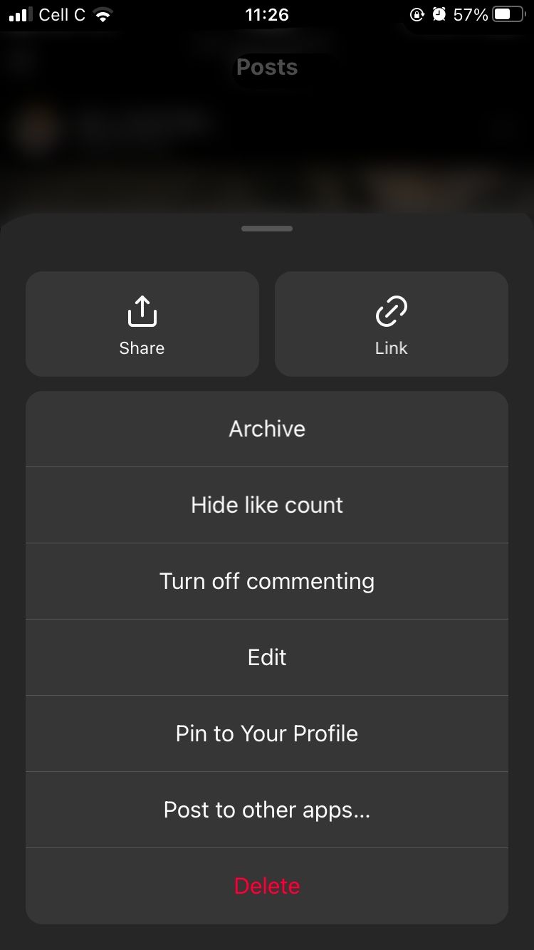 screenshot of instagram post menu options