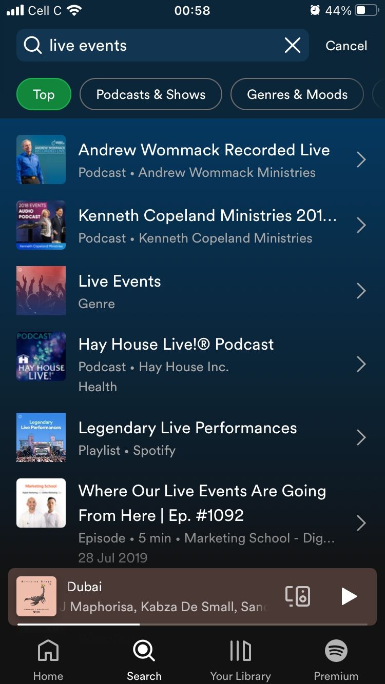 screenshot of live events search results on spotify mobile