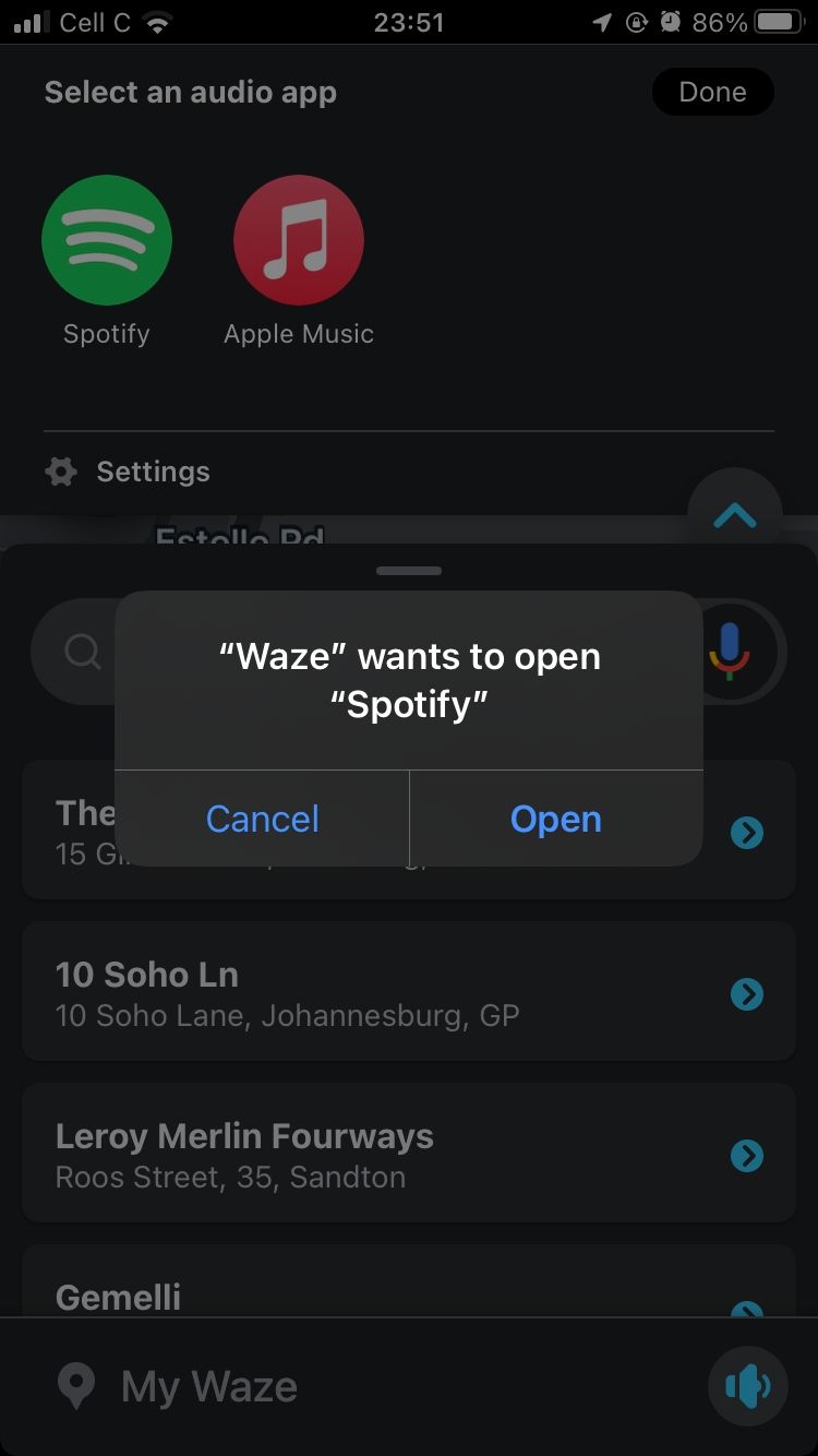 screenshot of request to open spotify on waze