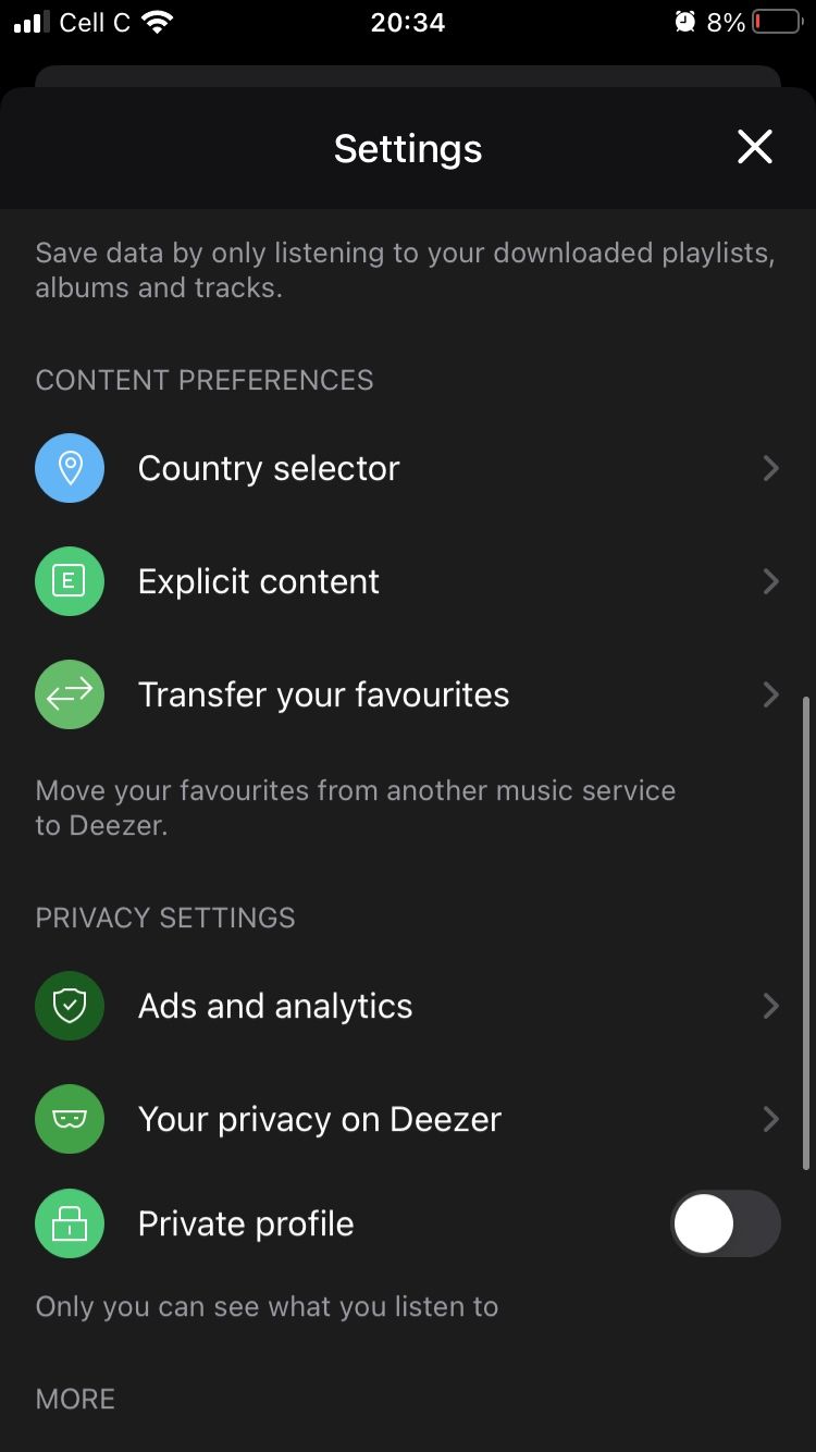 screenshot of settings menu showing content preferences on deezer