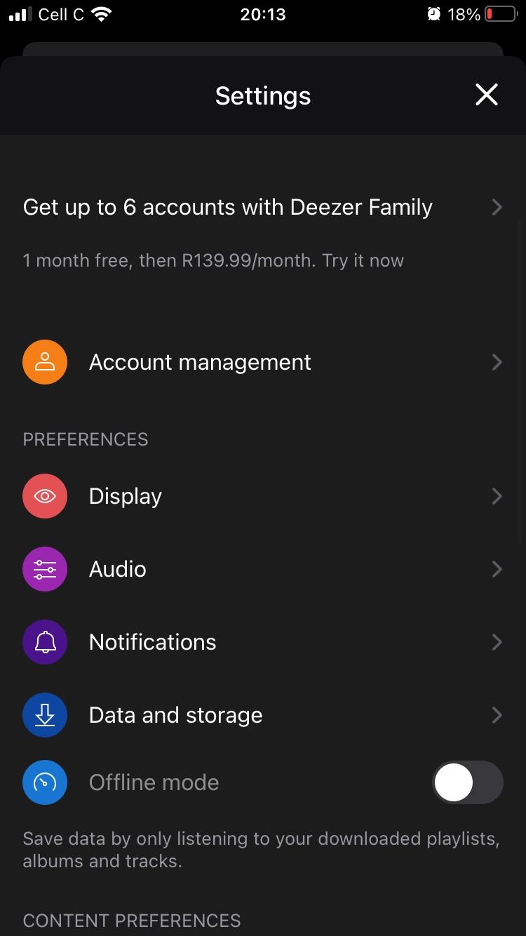 screenshot of settings page on deezer. mobile