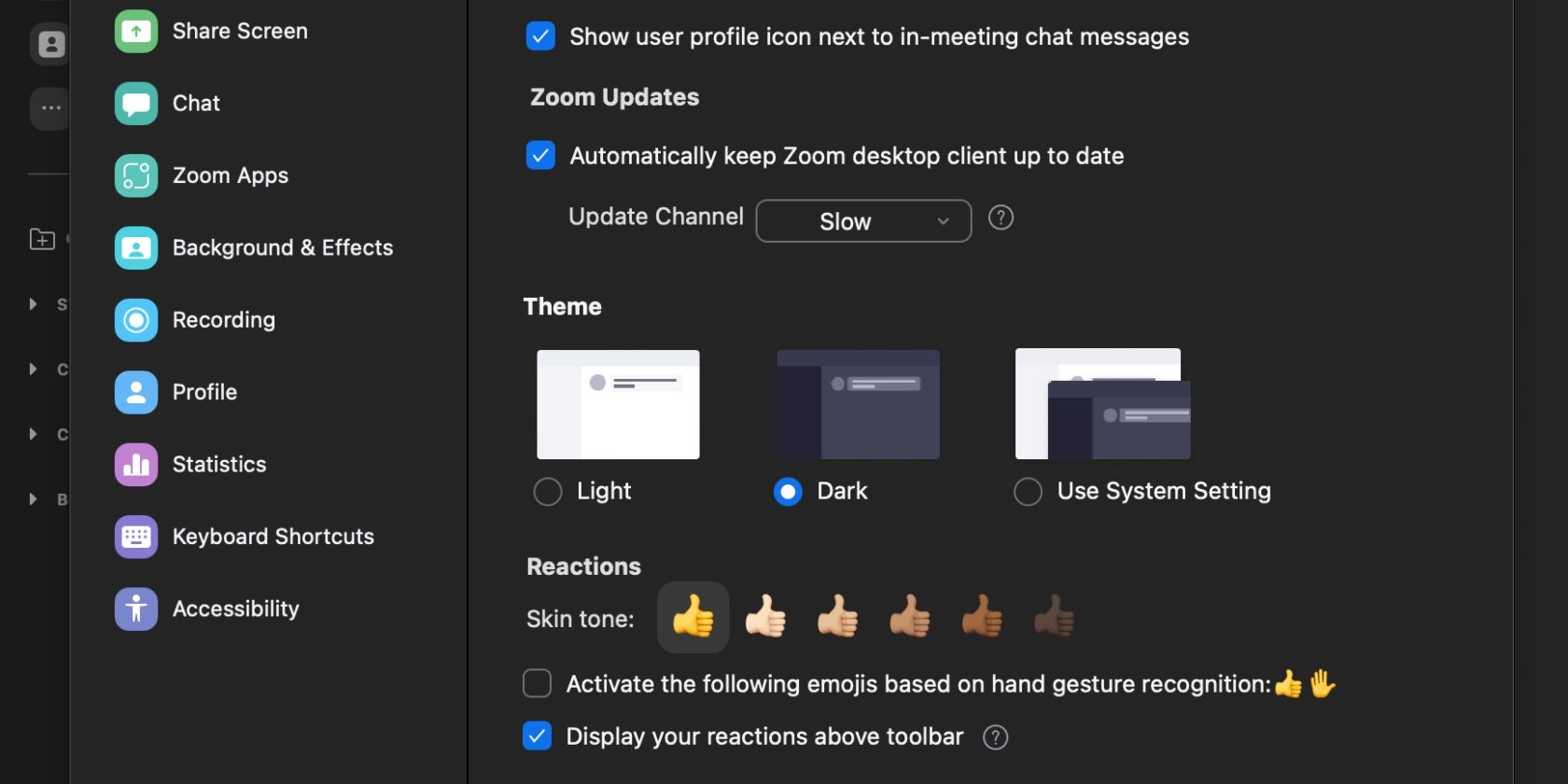 screenshot of settings page on zoom showing reactions