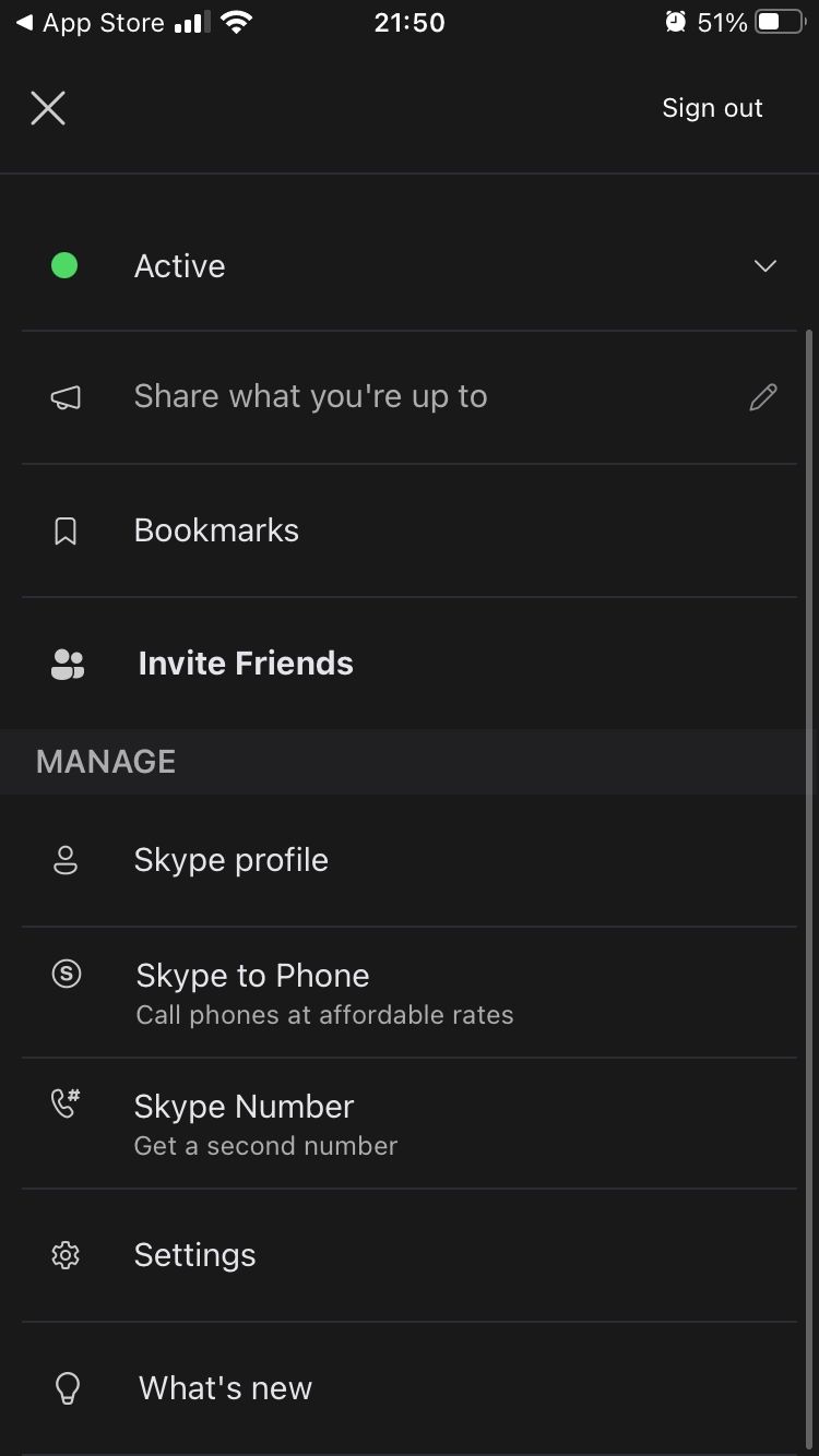 screenshot of skype account page on mobile