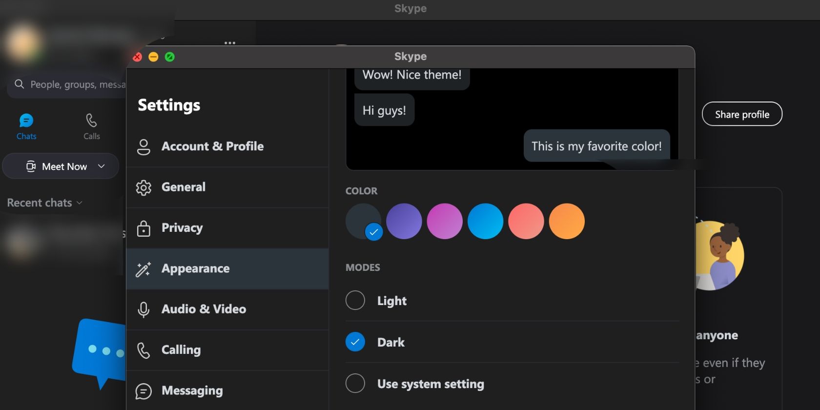 screenshot of skype appearance settings on computer