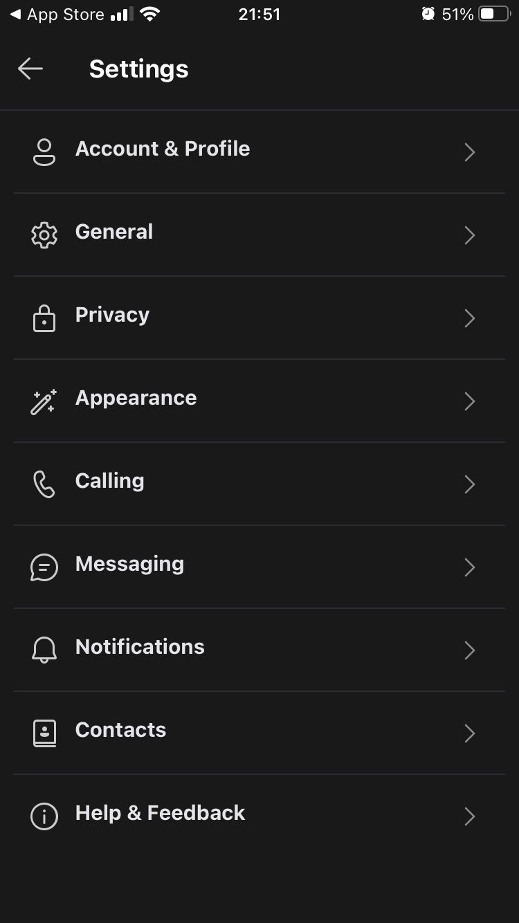 screenshot of skype settings page on mobile