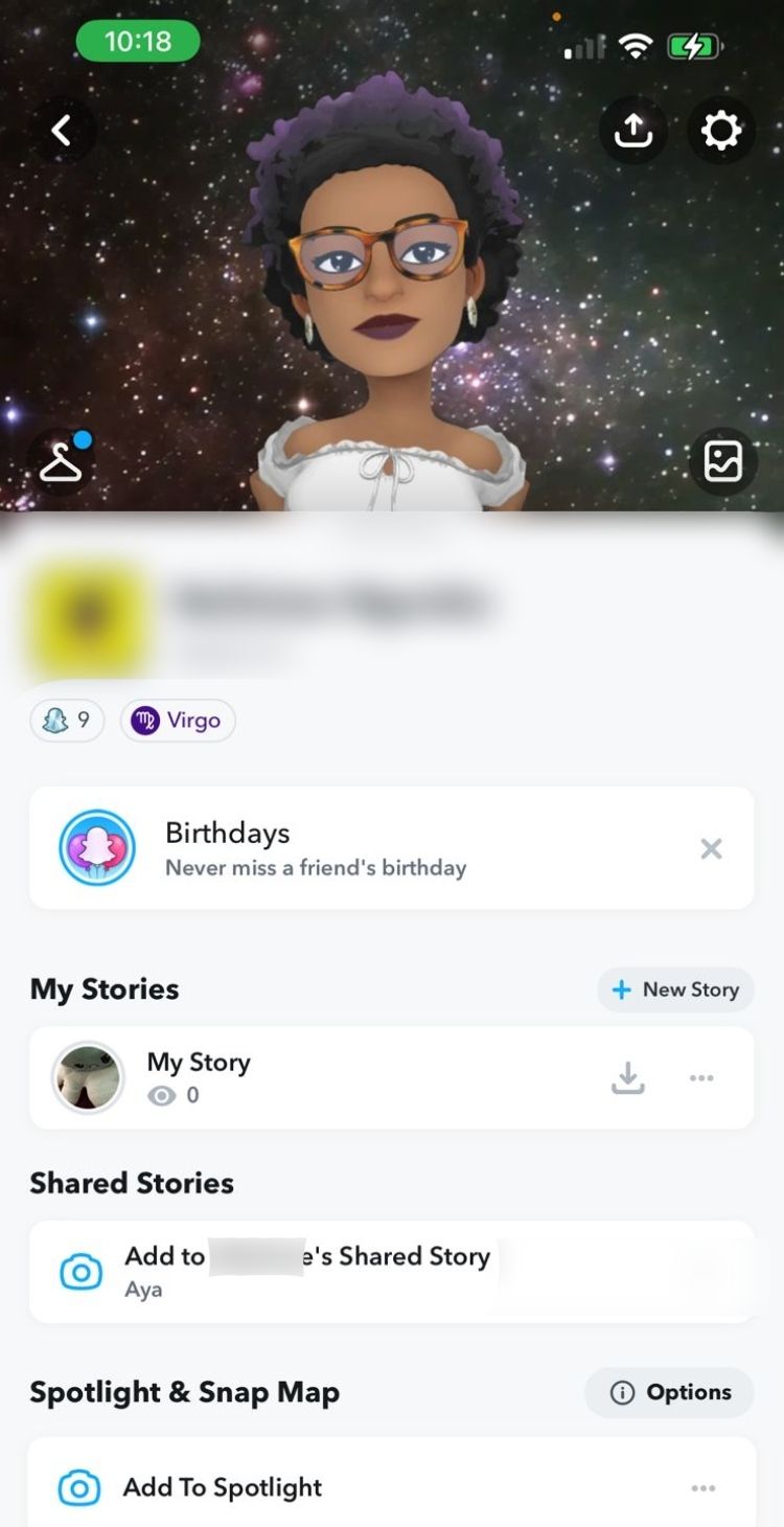 screenshot of snapchat user's stories page