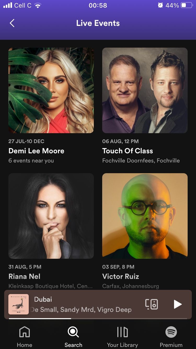screenshot of spotify's live events page showing upcoming events