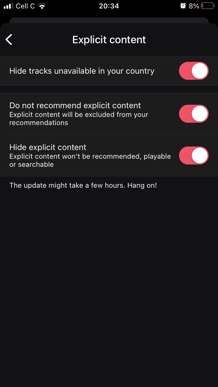 screenshot showing explicit content and hide tracks option on deezer