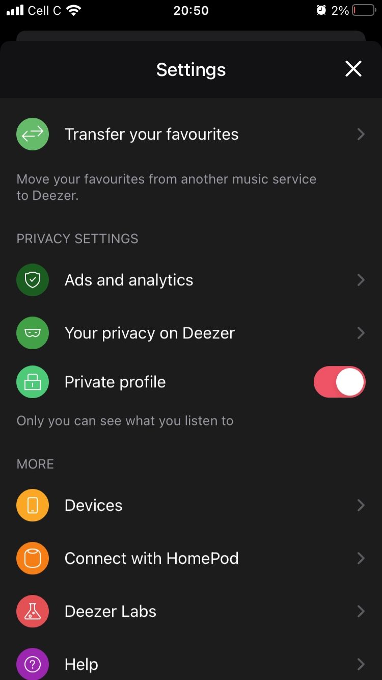 screenshot showing private profile toggled on in deezer