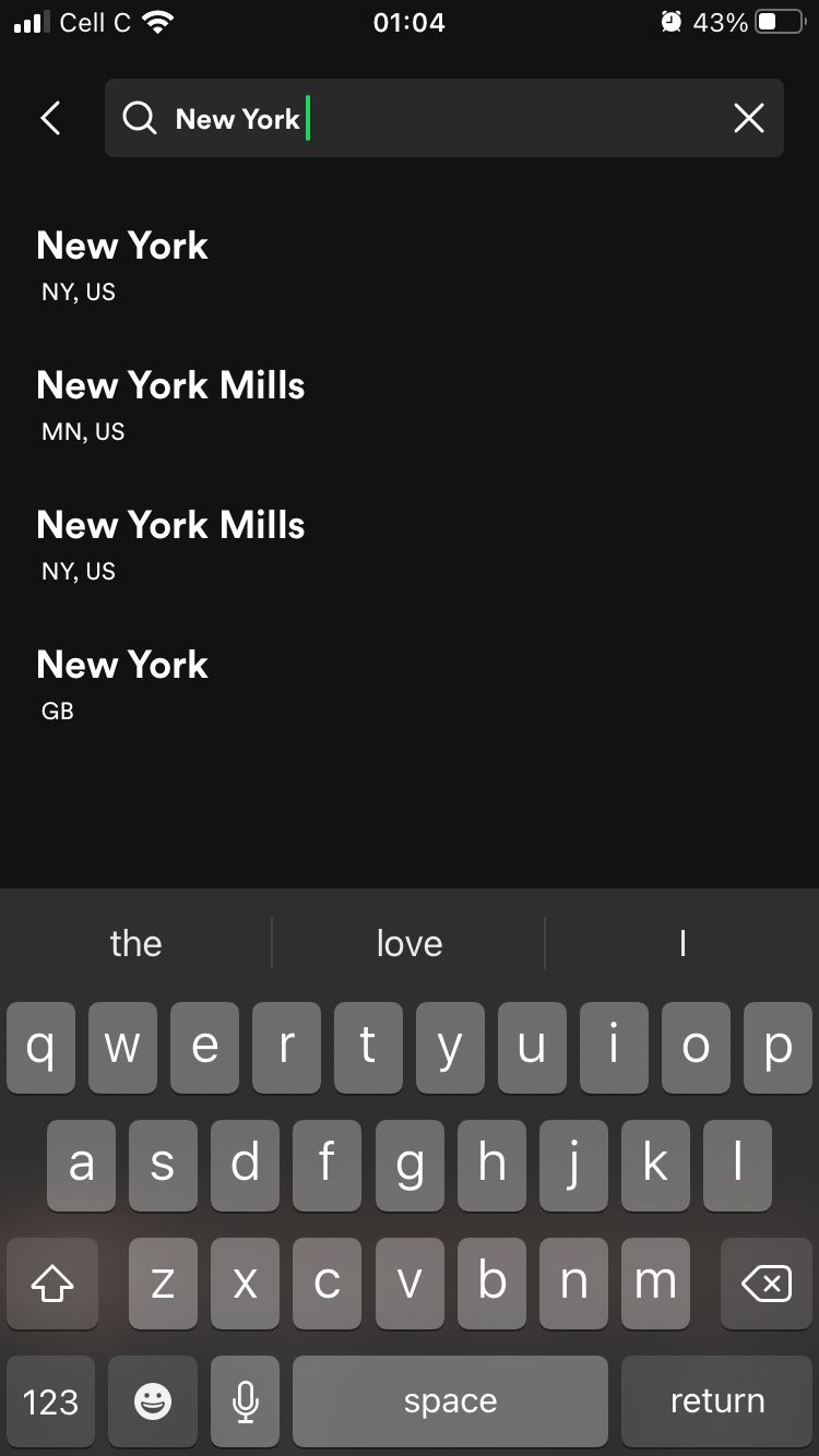 screenshot showing search for new york live events on spotify live events feed