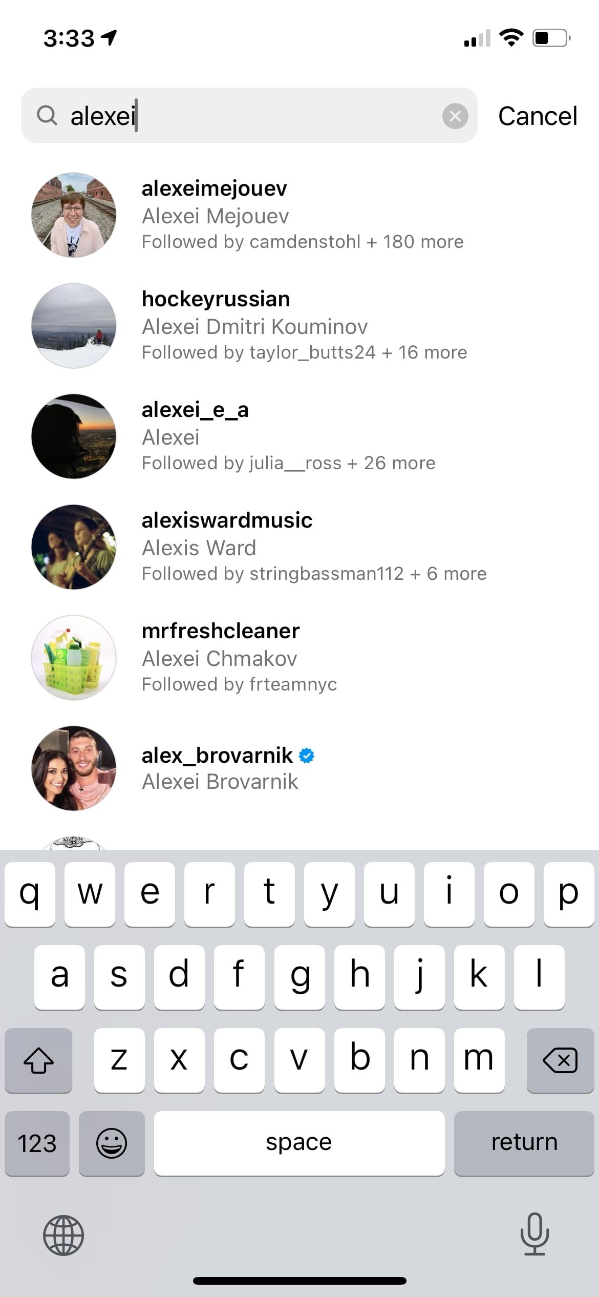 Screenshot of searching for a collaborator's account on Instagram