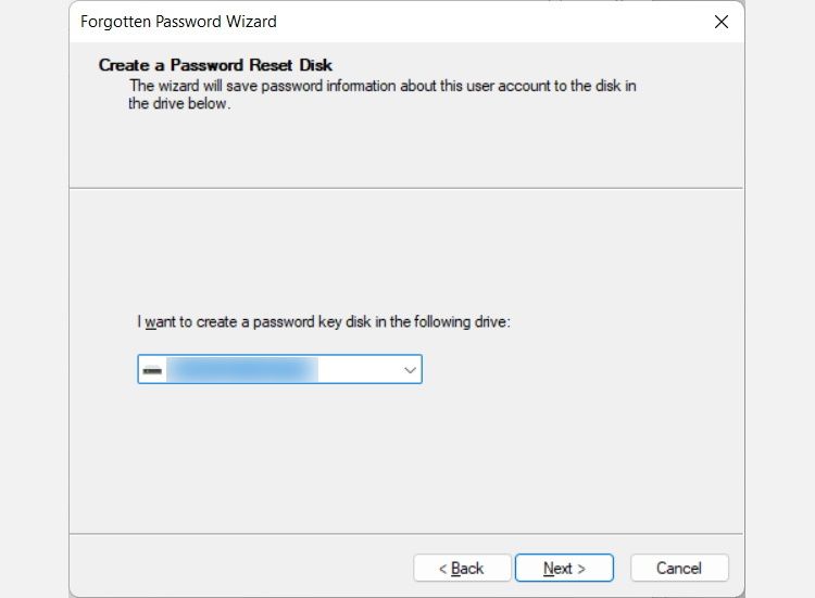 select drive to use for creating the password reset disk in the forgotten password wizard on windows