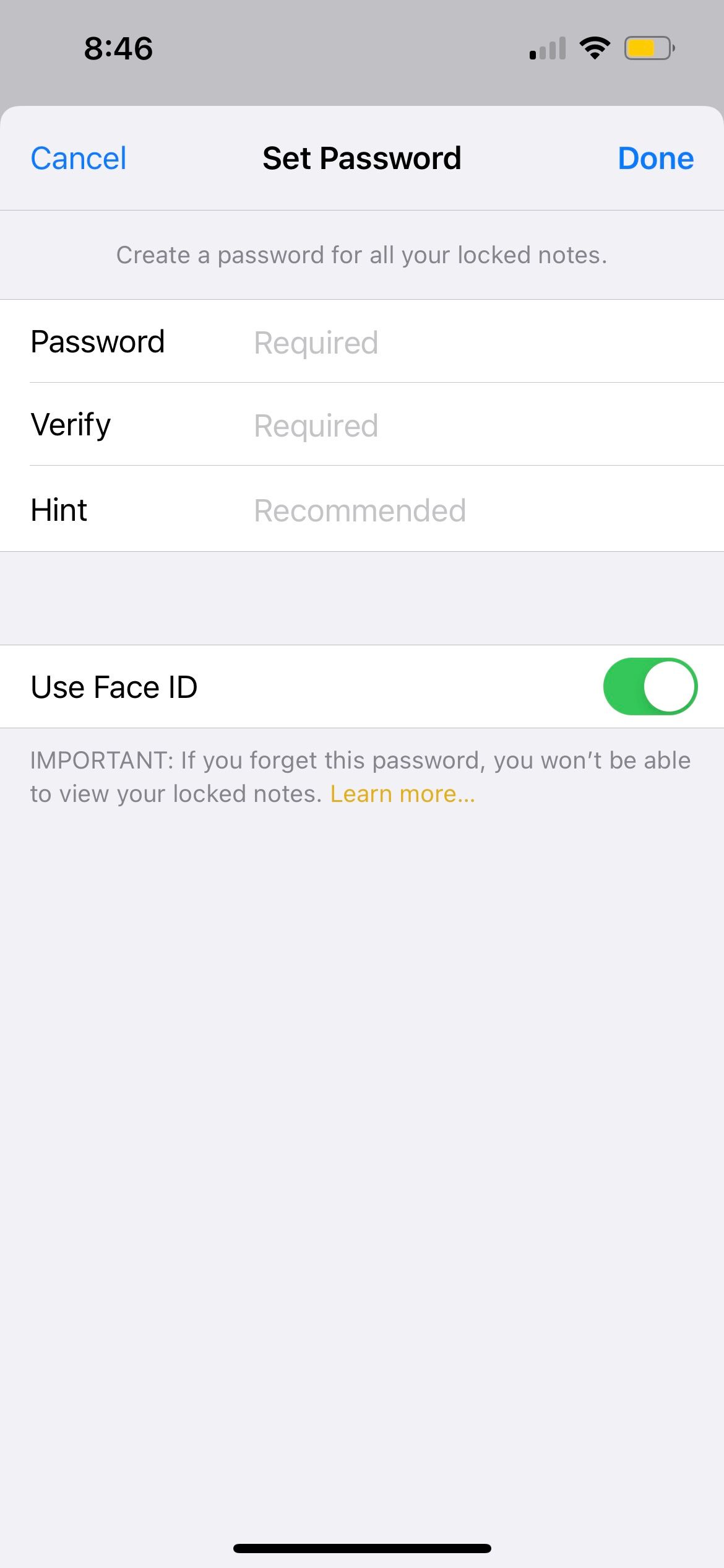 create a password to lock notes on iphone