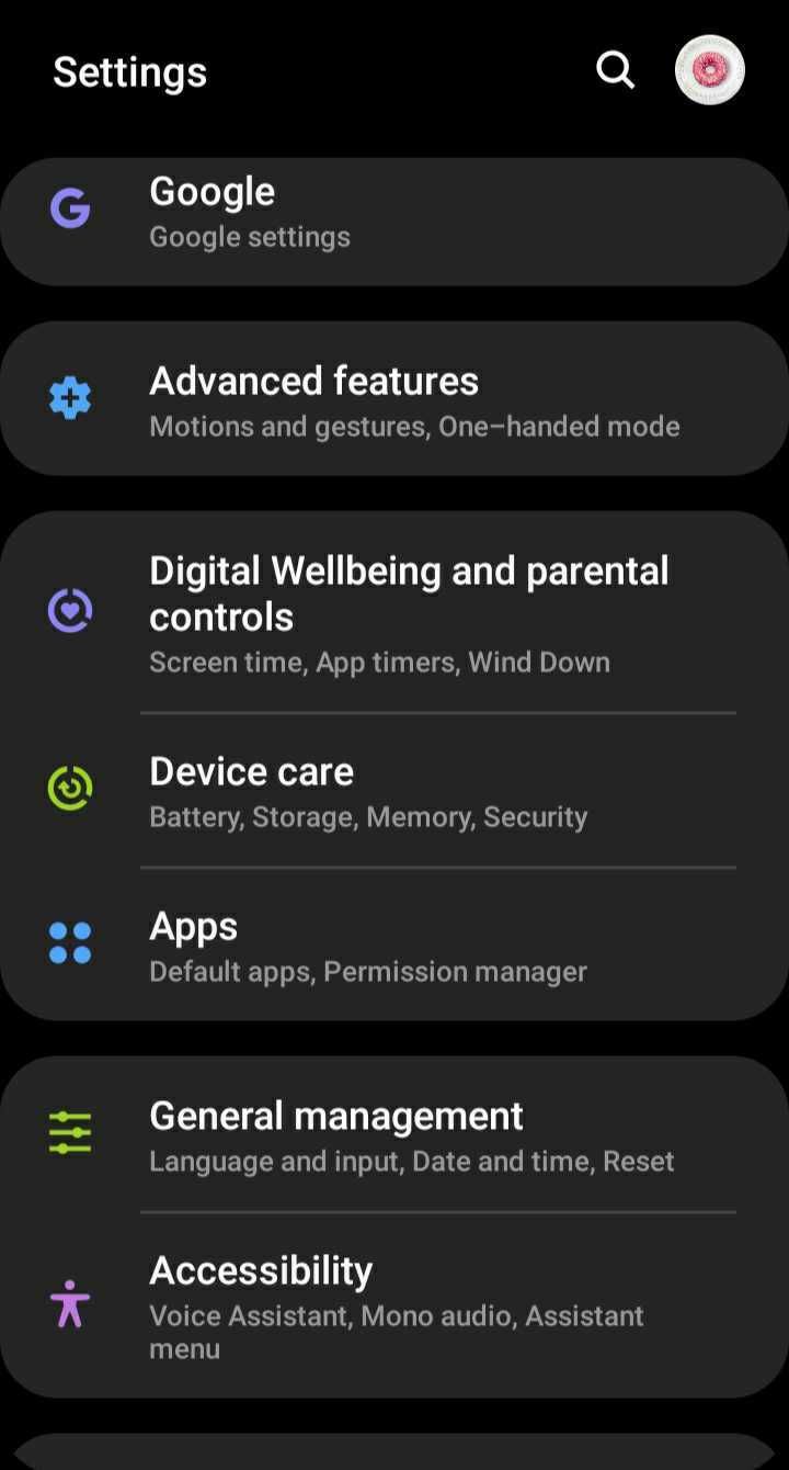 screenshot of android main settings screen