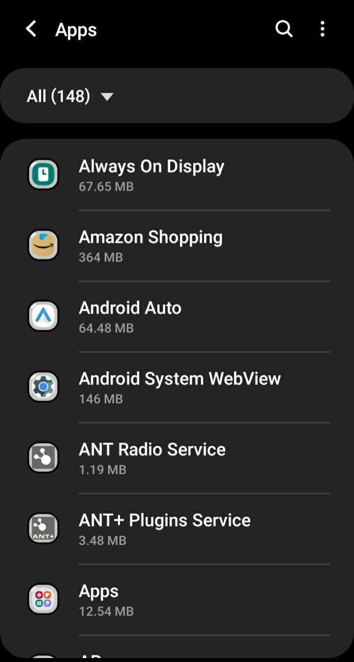 screenshot of android apps list
