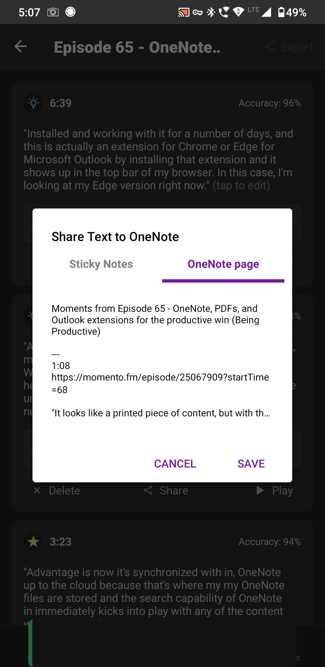 share podcast notes to OneNote momento app