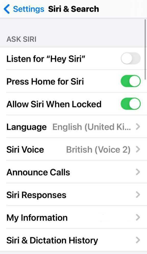 screenshot of siri settings page