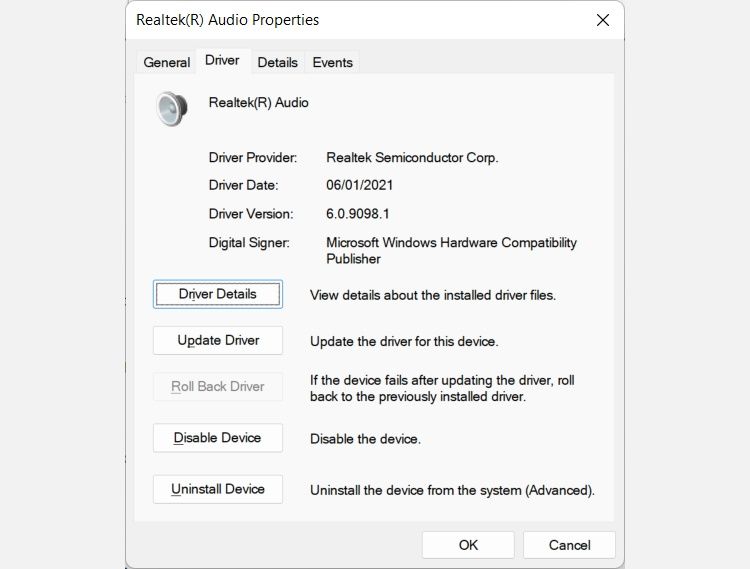 the properties of a sound device in windows showing the driver tab