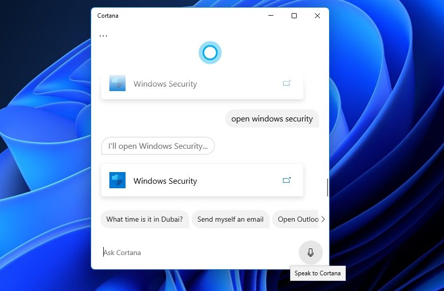 The Speak to Cortana option 