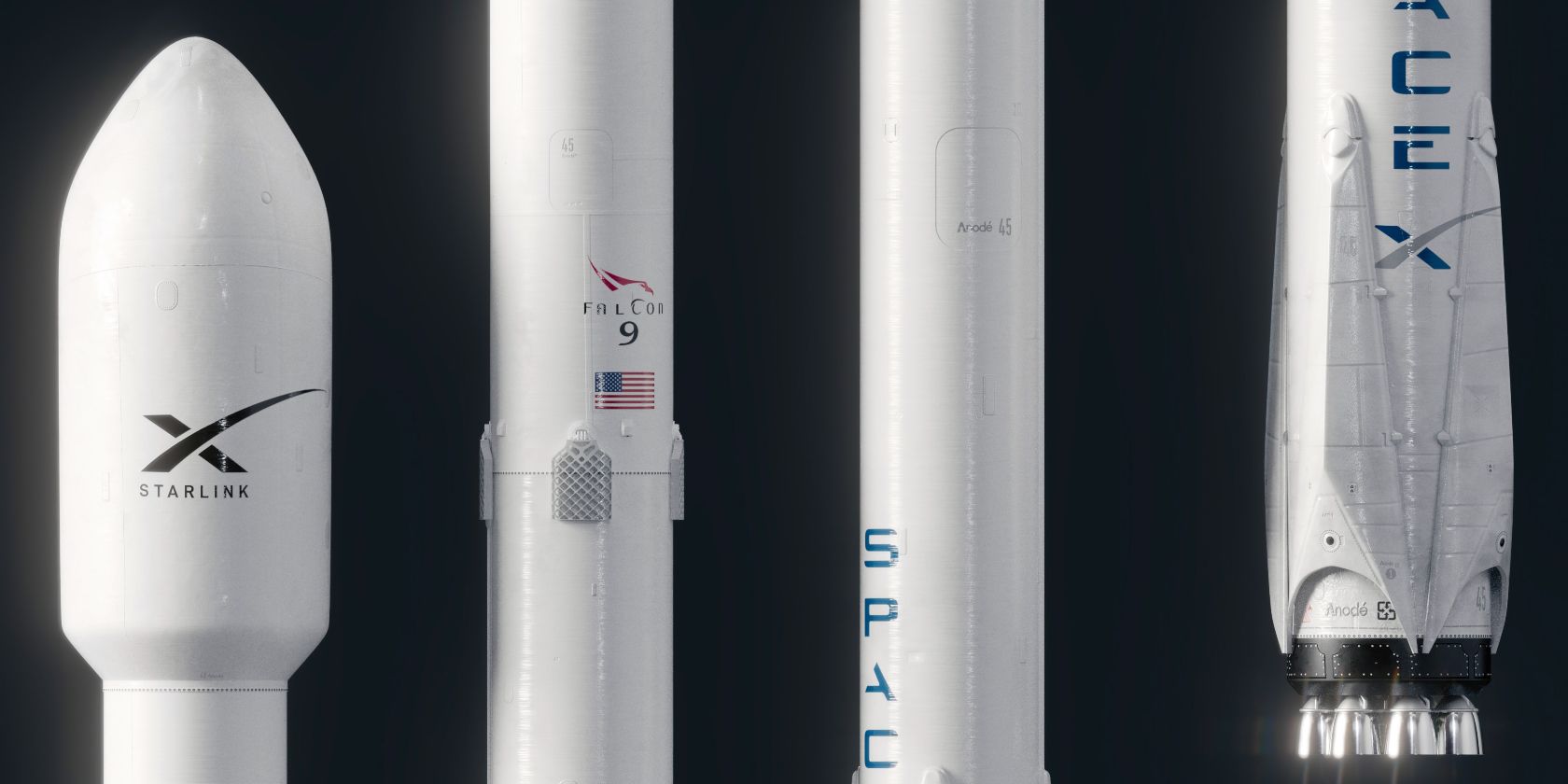 white starlink and space x rockets with space background 3d render