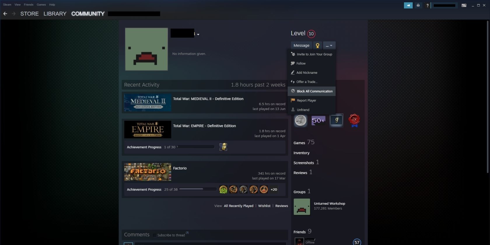 A user profile on the Steam desktop client