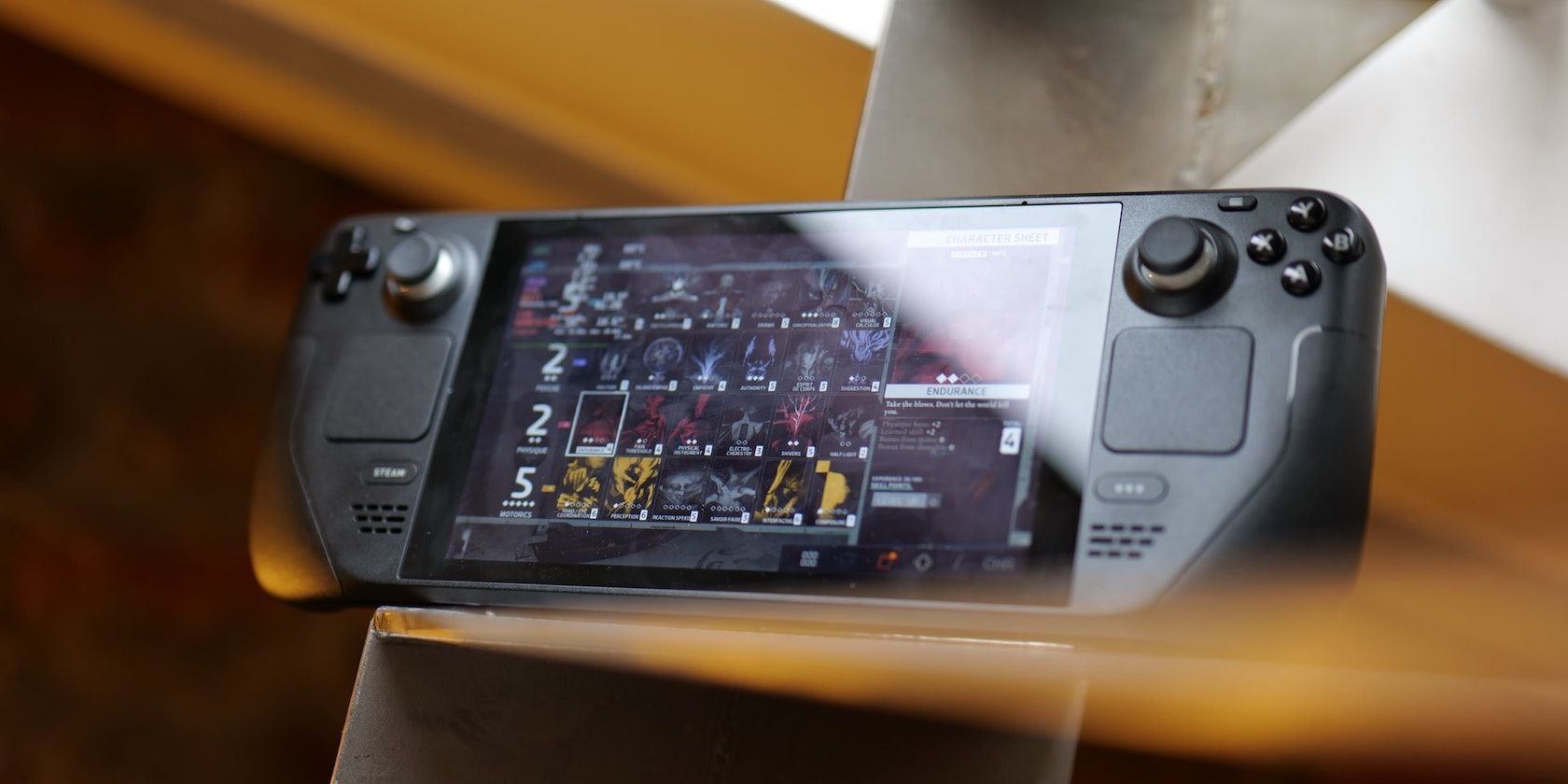 A close up image of a Steam Deck handheld console.