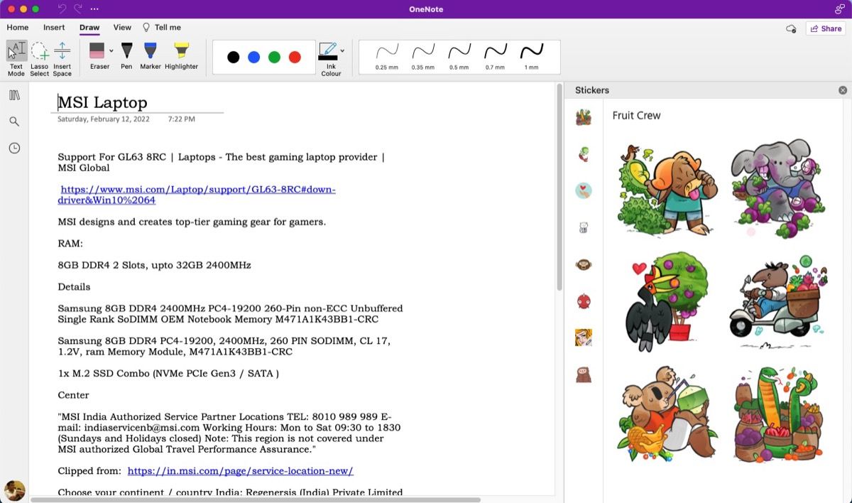 stickers built into OneNote Mac