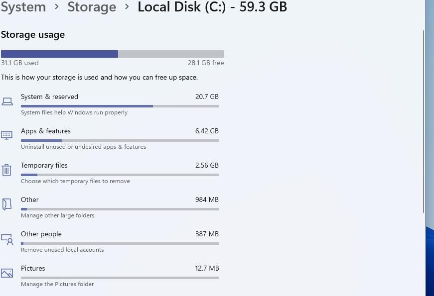 Storage usage details in Settings