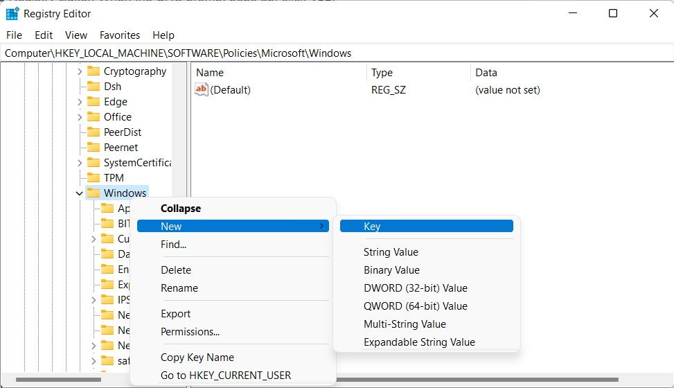 adding a new key to the windows key in the registry editor