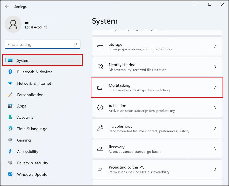Multitasking settings in Windows 11