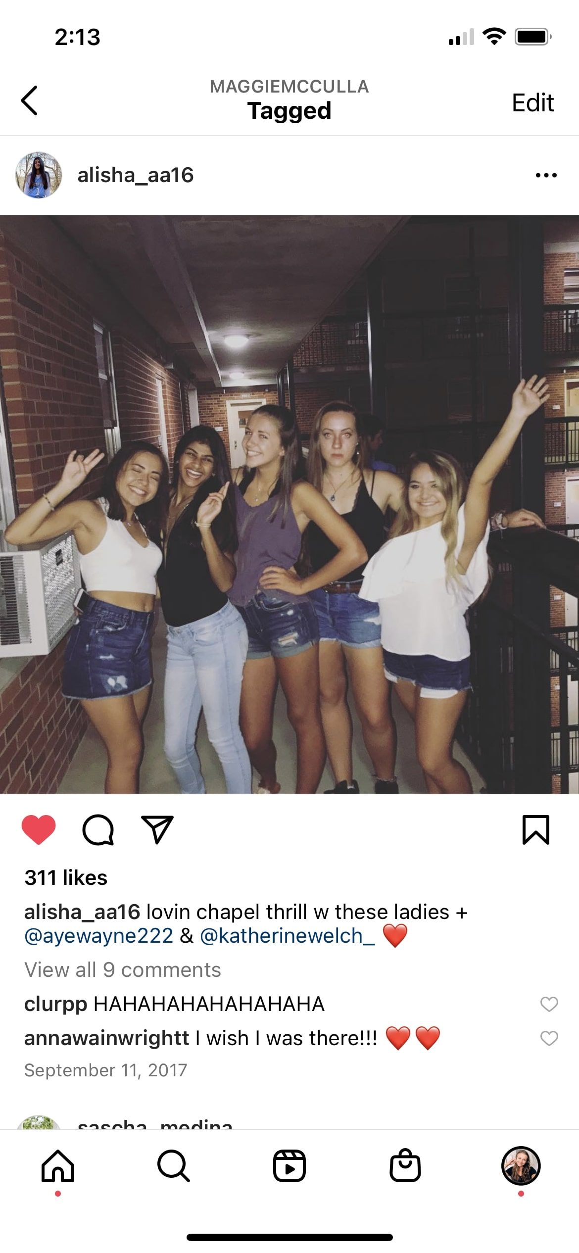 Screenshot of an Instagram photo of five girls on a balcony