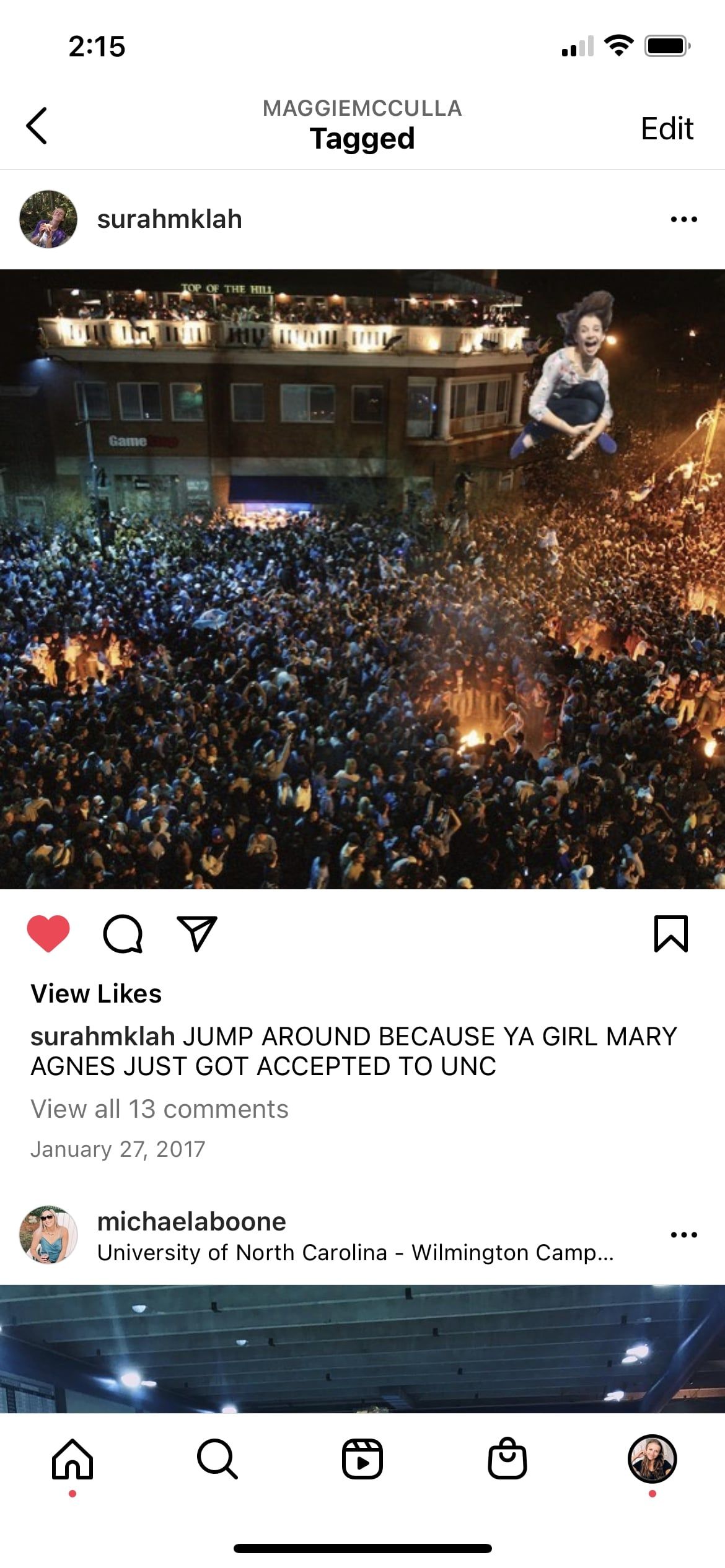 Screenshot of a photoshopped photo posted to Instagram of a girl doing a cannonball into a crowd