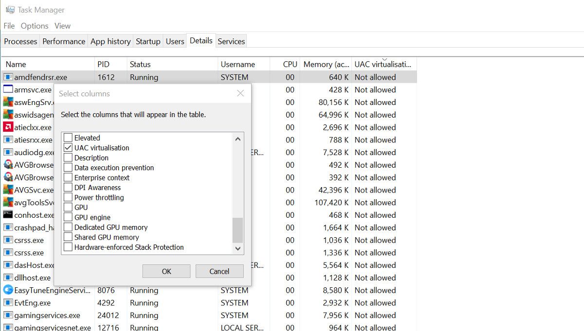 Windows Task Manager showing the add columns menu