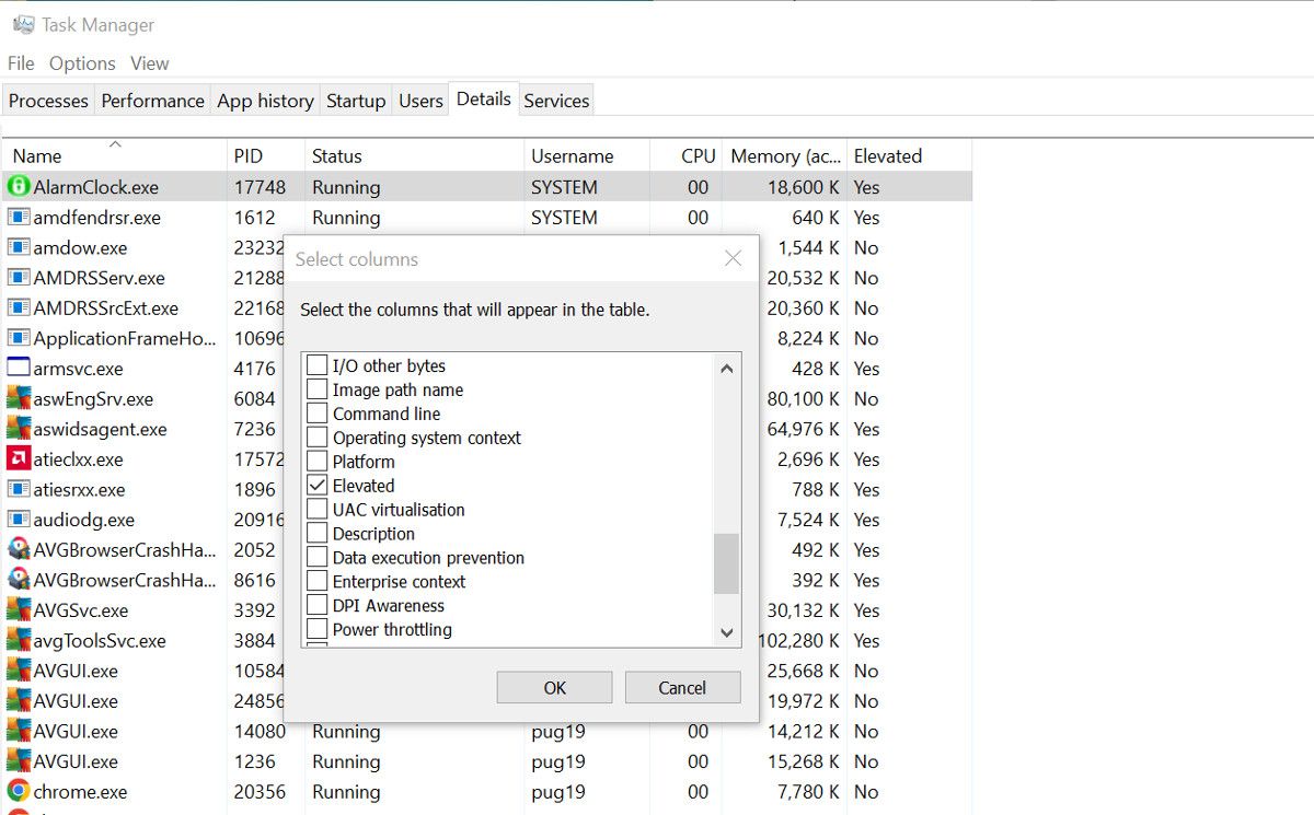 The Windows Task Manager showing the details screen